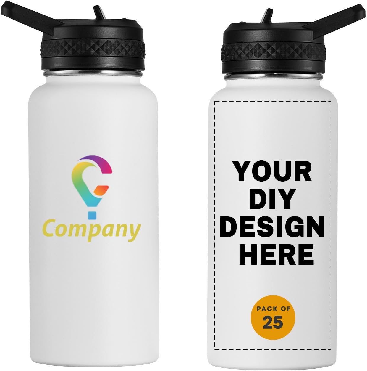 Skiennix Custom Water Bottles - Personalized 32oz Double Wall Stainless Steel | Leakproof with Flip Straw (25 Pcs)