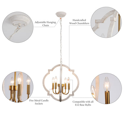 Rustic Farmhouse Chandelier 4 Light Vintage Gold and White Orb Wood Chandelier Hanging Light Fixtures Retro Flush Mount Ceiling Pendant Light for Dining Room Living Room Kitchen Entryway Hallway