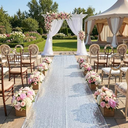 Silver Aisle Runner Wedding Christmas Sequin Carpet 4ft x 15ft - Silver