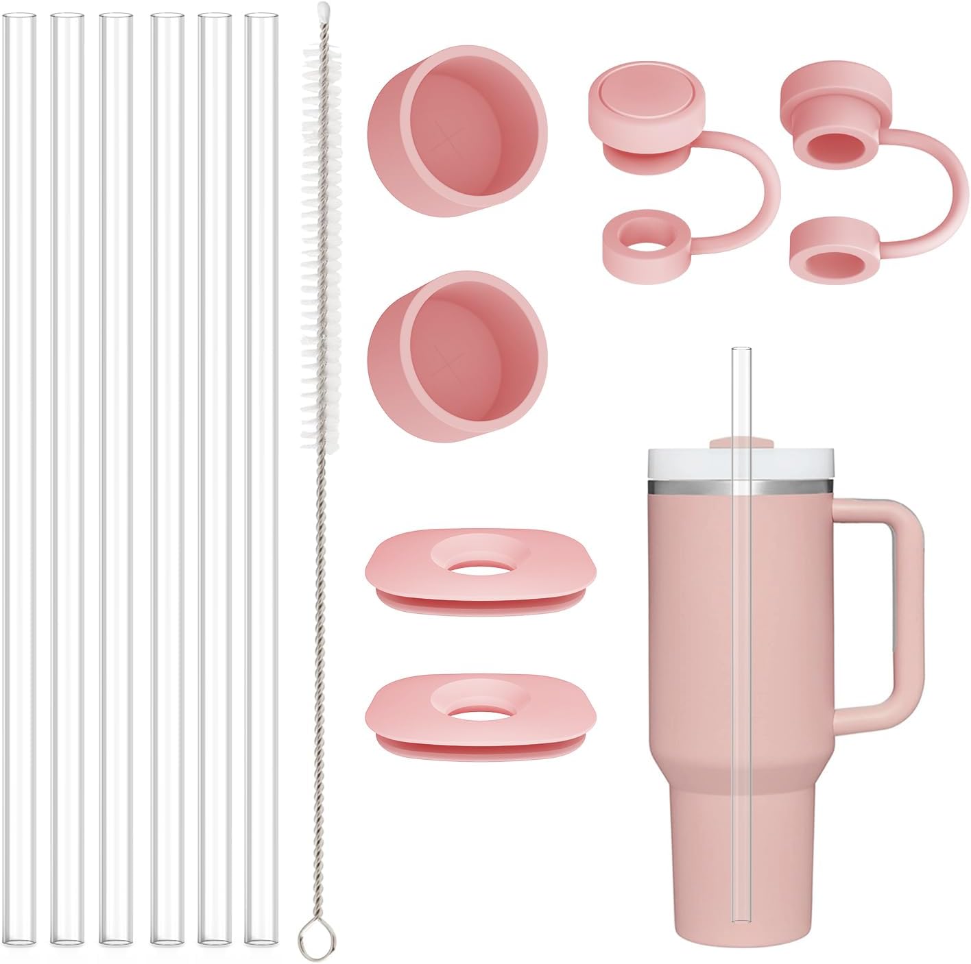 Stanley Replacement Straws - 6 Pack with Cleaning Brush & 4 Color Leak-Proof Plugs | Silicone Caps Included