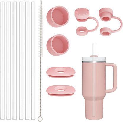 Stanley Replacement Straws - 6 Pack with Cleaning Brush & 4 Color Leak-Proof Plugs | Silicone Caps Included
