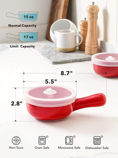 LE TAUCI Soup Bowls - Non-Toxic Ceramic with Silicone Lids & Handles | 15 Oz Set of 2 in Red