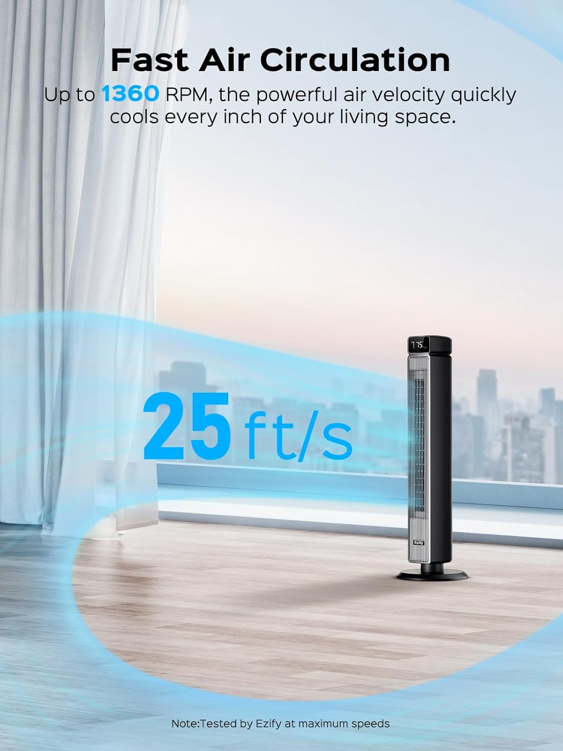 Tower 40-Inch Oscillating Fan - 25ft/s Velocity, 90° Rotation, Remote Control, 30dB Quiet, 6 Speeds & 12H Timer