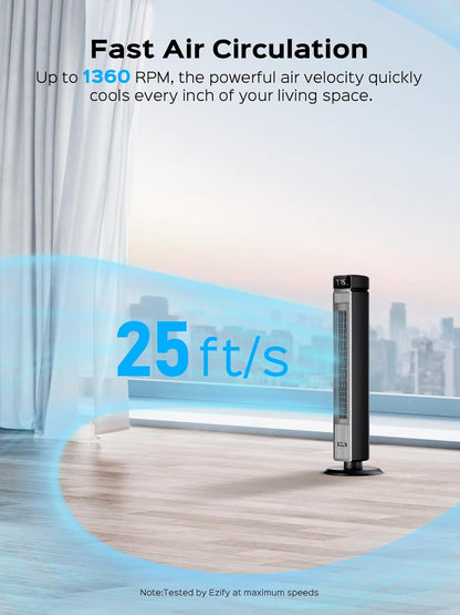 Tower 40-Inch Oscillating Fan - 25ft/s Velocity, 90° Rotation, Remote Control, 30dB Quiet, 6 Speeds & 12H Timer
