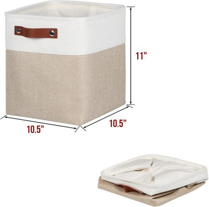 Kntiwiwo Fabric Storage Cubes - Foldable 10.5”x10.5”x11” Closet Organizers | 6 Pack, Beige with PU Leather Handles