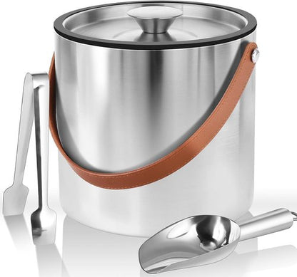 Double-Wall Vacuum Insulated Ice Bucket with Lid, Scoop, Ice Tong, Strainer & Leather Handle Keep Ice Frozen Longer Large Wine Ice Buckets for Cocktail Bar,Parties Chilling Beer Champagne 3L