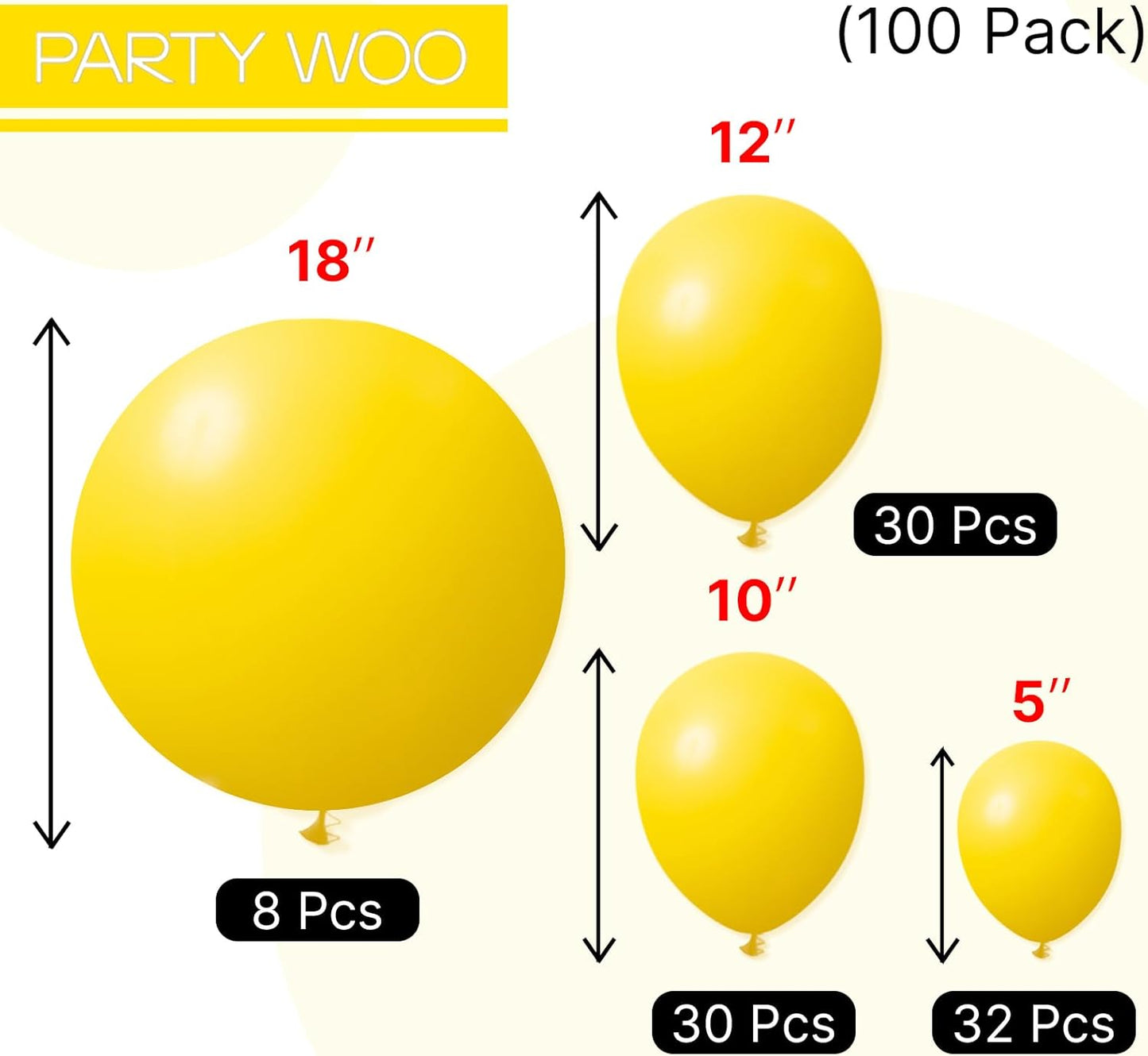 PartyWoo Yellow Balloons - 100-Pack Matte Latex Balloons in 5-18 Inch Sizes for Parties & Events