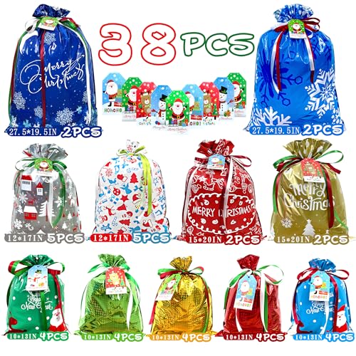 38PCS Christmas Gift Bags Set - Assorted Sizes, Reusable Holiday Packaging