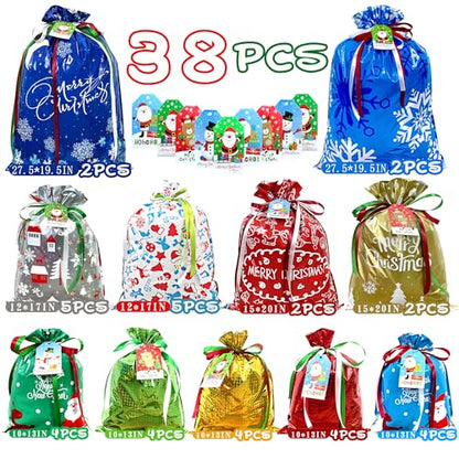 38PCS Christmas Gift Bags Set - Assorted Sizes, Reusable Holiday Packaging