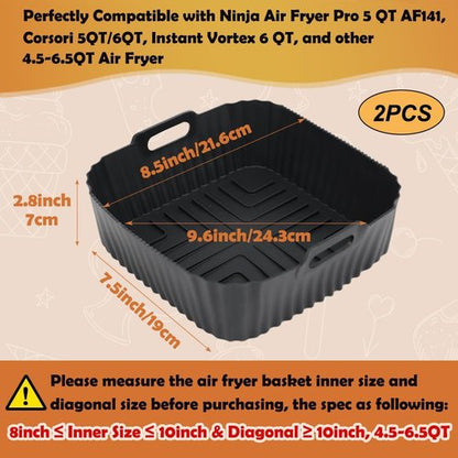 BYKITCHEN Air Fryer Silicone Liners - 8.5in Square Set of 2 for Ninja & Cosori 4.5-6.5 QT Air Fryers