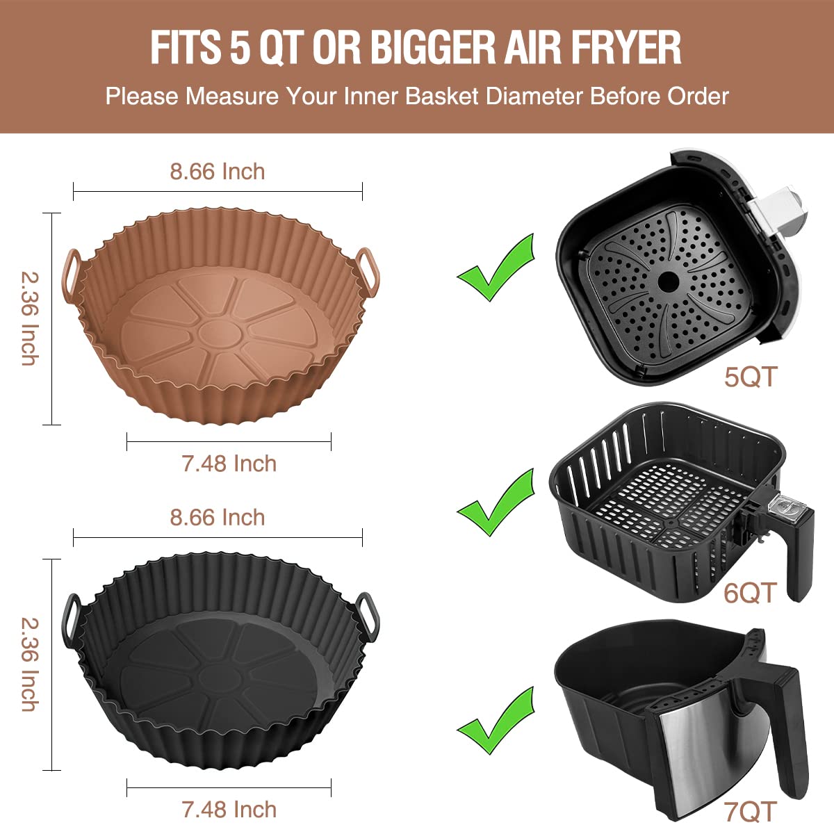 2 Pack Air Fryer Silicone Liners for 5 QT or Bigger,Silicone Air Fryer Liners Inserts,Replacement of Flammable Parchment Paper,Reusable Baking Tray Oven Accessories,Brown+Blk(Top8.66in, Bottom7.48in)