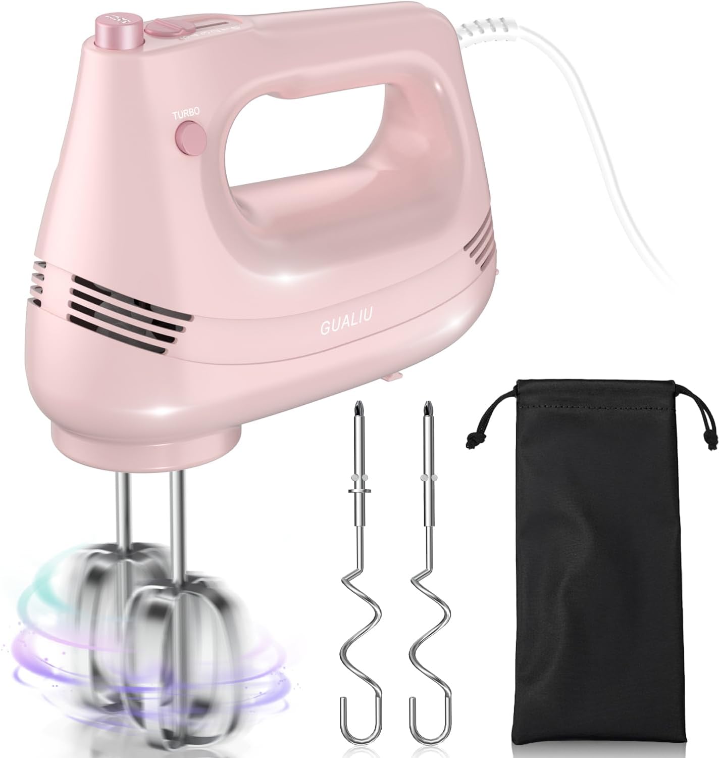 Skiennix Electric Hand Mixer - Stainless Steel Whisk & Dough Hook | 5-Speed Turbo Boost, Pink