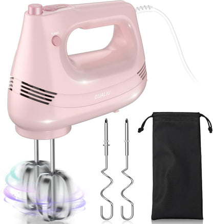 Skiennix Electric Hand Mixer - Stainless Steel Whisk & Dough Hook | 5-Speed Turbo Boost, Pink