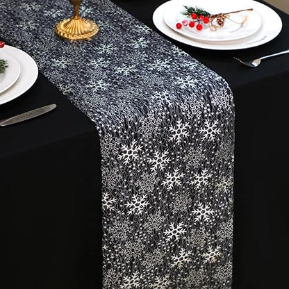 Silver Snowflake Table Runner 49 Feet - Sparkly Metallic Christmas Decor - Variation of Silver Snowflake / 49FT