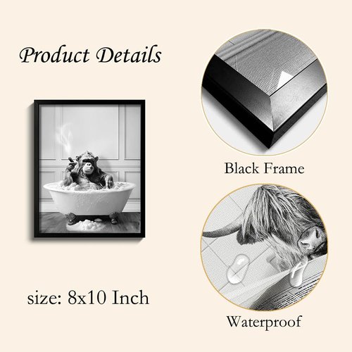 Framed Bathroom Decor Wall Art, Chimpanzee in Bathtub, Black and White Wall Art, Funny Bathroom Wall Decor Signs, Cute Animal Art Home Decor (Framed,8''x10'')