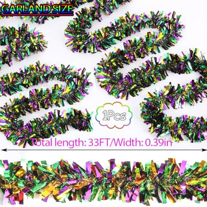 33Ft Christmas Tinsel Garland - Gold Green Purple Metallic Decor for Holiday & Party