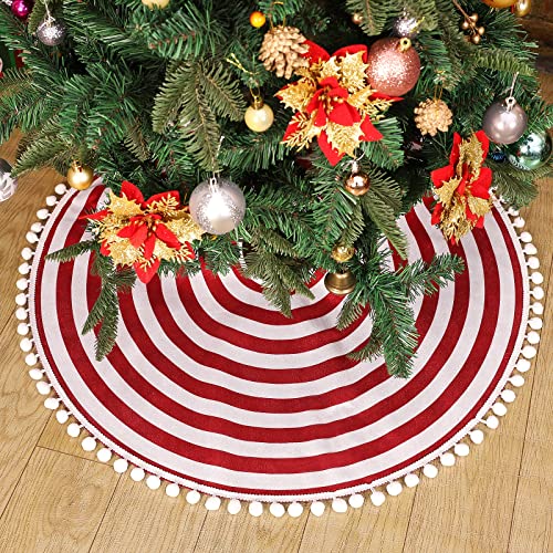 Christmas Tree Skirt 48 Inch Red White Rings with Pom Pom Trim - Holiday Decor