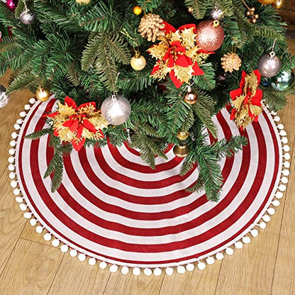 Christmas Tree Skirt 48 Inch Red White Rings with Pom Pom Trim - Holiday Decor