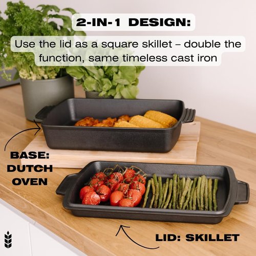 KUHA Square Cast Iron Dutch Oven 2-in-1 - Pre-Seasoned Cookware with Skillet Lid & Casserole Dish | 13" x 9", 6 QT