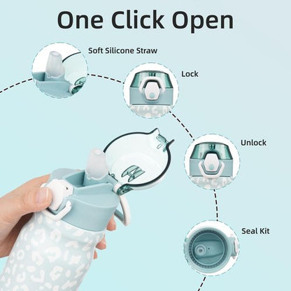 BJPKPK Insulated Water Bottle - 14oz Reusable Stainless Steel Flask with Straw & Leak-Proof Lid | Light Blue Leopard