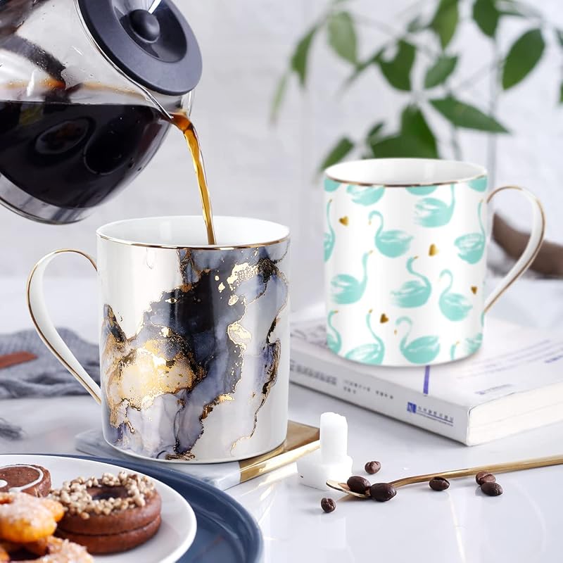 Marble Gold 14 oz Ceramic Coffee Mug - Gift Gift for Women, Black & Gold Marble
