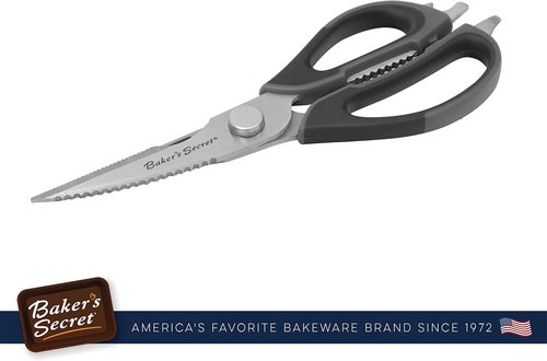 Baker's Secret Kitchen Scissors - 8.5" Stainless Steel with Nut Cracker & Bottle Opener | Black Handle