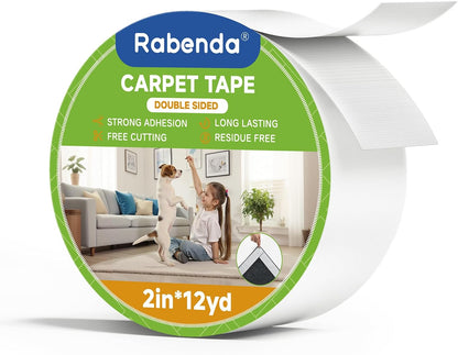 Rabenda Double-Sided Carpet Tape - 2 Inch x 12 Yards Removable Rug Tape for Hardwood & Tile Floors - No Residue Anti-Slip Gripper