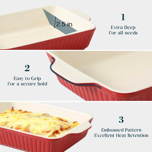 DOWAN Casserole Dishes - Set of 3 Rectangular Ceramic Baking Dishes, 135 oz Capacity, Red | Perfect for Oven Use