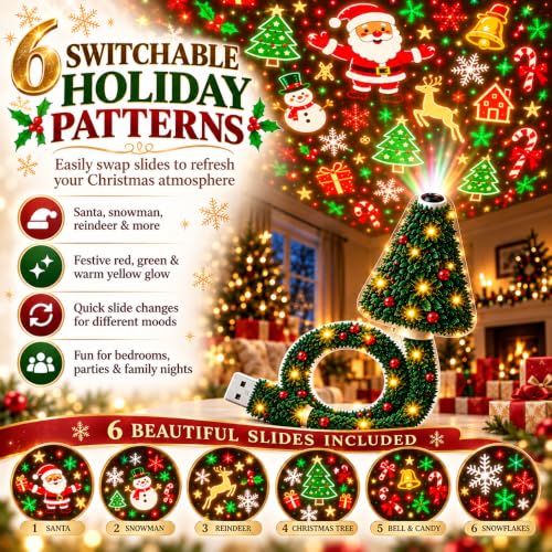 Christmas Projector Light - USB Powered Ceiling Projection with 6 Patterns - Red Variation