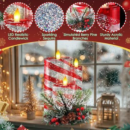 Christmas Snow Globe Flameless Candle with Spinning Glitter - Candy Color LED Tabletop Decor