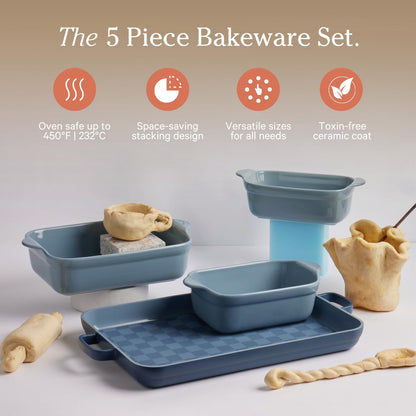 Our Place Bakeware Set - 5-Piece Ceramic Bakeware Collection | PFAS-Free Non-Toxic Nonstick | Blue Salt