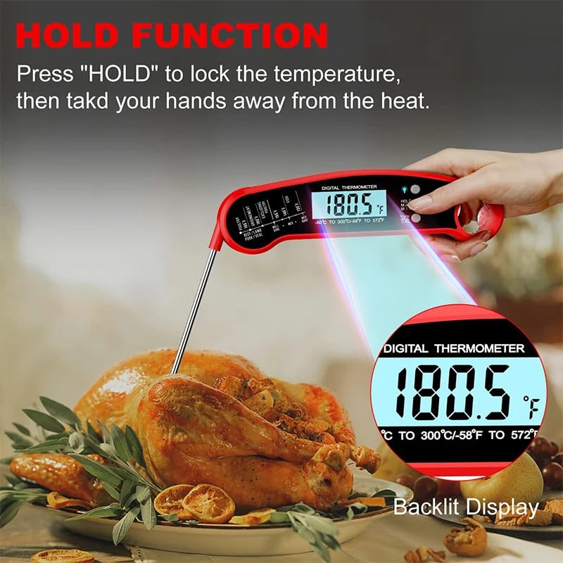 Skiennix Digital Meat Thermometer - Instant Read Waterproof Probe with Backlit Display | Perfect for Grill, BBQ, Steak, Chicken, Burgers
