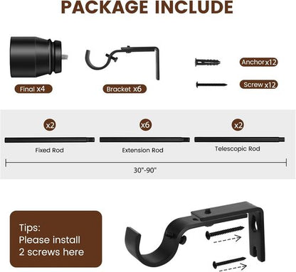 Matte Black Curtain Rods by [Brand Name] - Heavy Duty Adjustable 30-90 Inch, 2 Pack for 30-84 Inch Windows