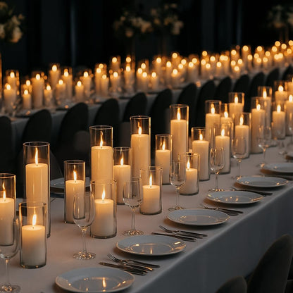 Regine Switzerland Set of 6 White Pillar Candles - Elegant Glass Hurricane Holders for Weddings & Home Decor