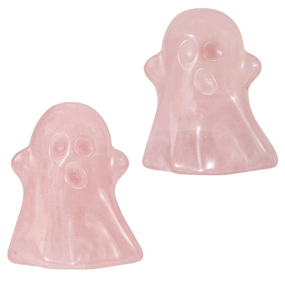 TUMBEELLUWA 2PCS Halloween Ghost Figurine Carved Crystal Statue Energy Stone Mini Collectible Sculpture Ornament for Haunted House Mantel Decor, Rose Quartz