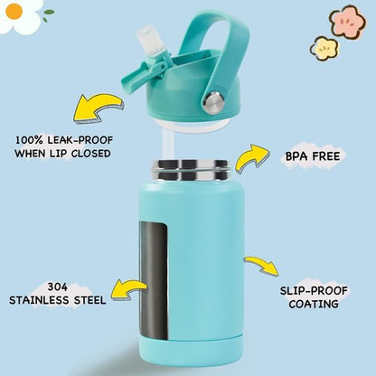 Kerilyn Kids Water Bottle - 12oz Stainless Steel Insulated Cup with Straws | Leak-Proof, BPA Free, Green