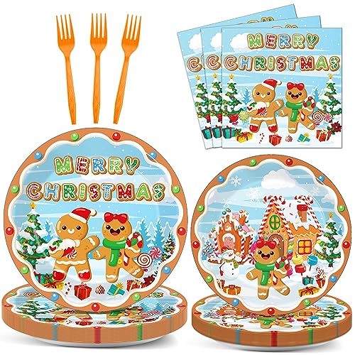 Gingerbread Party Supplies Set - Paper Plates Napkins & Plastic Forks for Christmas Celebration - Variation of Gingerbread Party