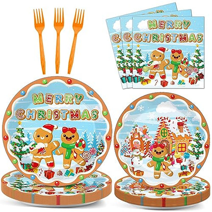 Gingerbread Party Supplies Set - Paper Plates Napkins & Plastic Forks for Christmas Celebration - Variation of Gingerbread Party