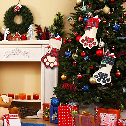 Pet Christmas Stockings 3 Pack Plaid Linen Cotton Pet Paw Design Festive Decor