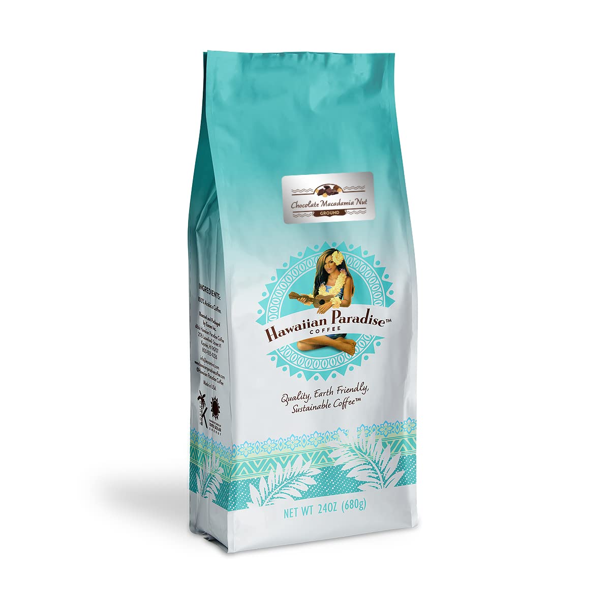 Hawaiian Paradise Coffee Chocolate Macadamia Nut Ground Coffee 24oz Bag, 100% Arabica Beans, Premium Rich Flavored, Finest Beans