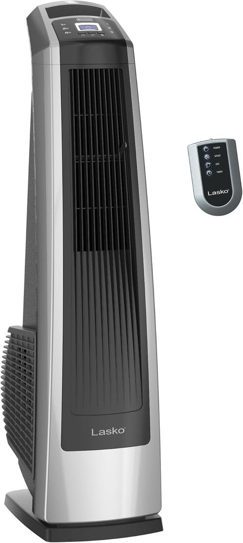 Lasko High Velocity Oscillating Tower Fan - Remote Control, Timer & 3 Speeds | 35" Silver/Black