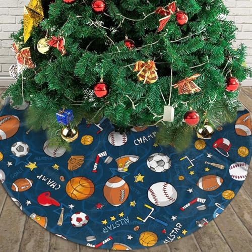 Christmas Tree Skirt 36 Inch Sport Theme Baseball Football Basketball Decor