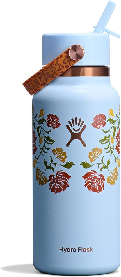 Hydro Flask Water Bottle - Insulated Stainless Steel with Wide Mouth Flex Straw Lid | 32 Oz Western Light Blue