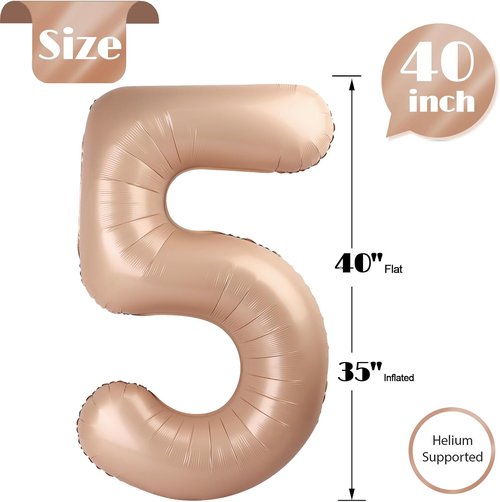 Light Brown 5 Balloon | 40-Inch Tan Number Balloon for 5th Birthday Decorations