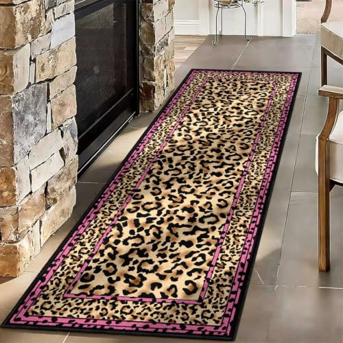 Pink Leopard Border Runner Rug 2x6 Feet - Stylish Cheetah Pattern, Non-Slip, Washable