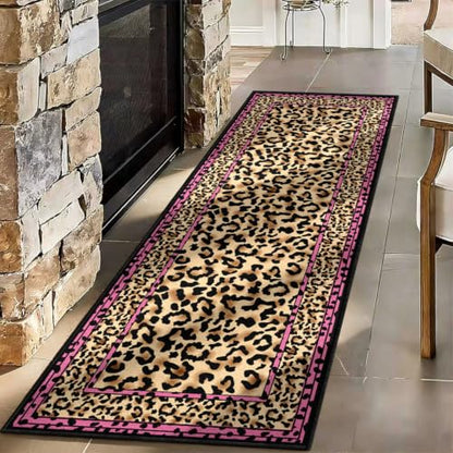 Pink Leopard Border Runner Rug 2x6 Feet - Stylish Cheetah Pattern, Non-Slip, Washable