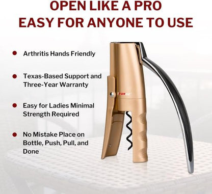 Forge Quality Compact Vertical Lever Corkscrew Wine Opener with Foil Cutter. 3 Seconds to Open a Bottle of Wine. Champagne Gold.