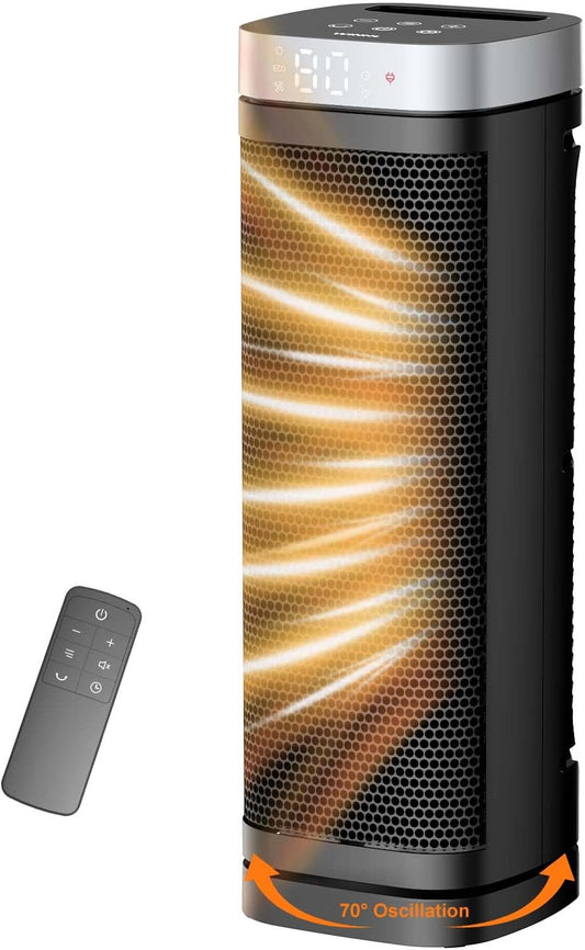 WINHL Electric Space Heater - 1500W PTC Ceramic with Thermostat, Remote, 70° Oscillation & 12H Timer | Indoor Use