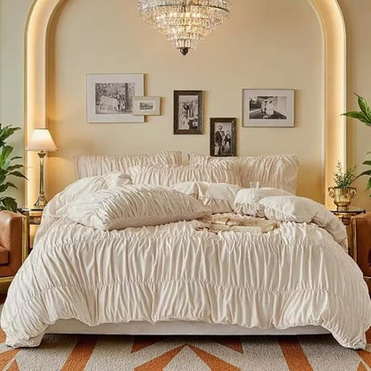 Full Beige Ruched Duvet Cover Set 3 Pieces with Pillowcases - Luxury Bedding