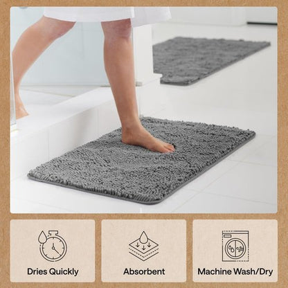 GORILLA GRIP Bath Rug Mat - Soft Absorbent Chenille with Quick Dry Microfiber | 24x17 Grey Washable Bathroom Accessory